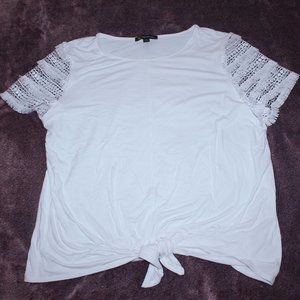 INC White Tee Knotted Top with Lace Sleeves